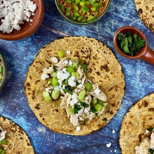 Salsa verde chicken on tortillas.