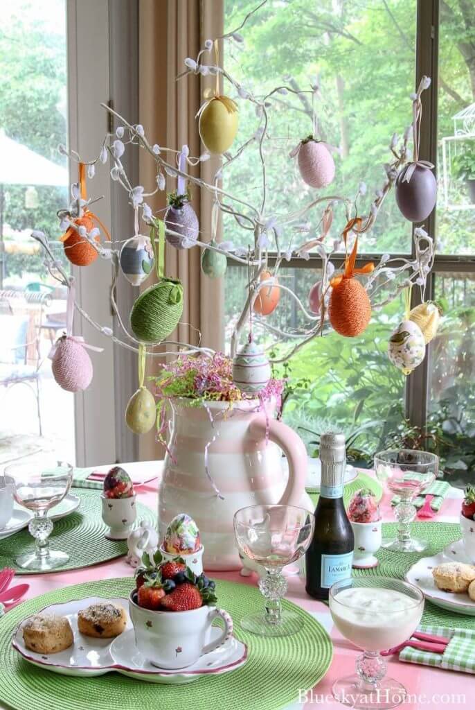 Bright and Cheery Easter Table, easter egg tree centerpiece with pink and green gingham accents.