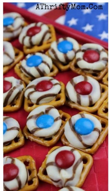 july 4th treats and desserts easy bbq food ideas for a 4th of july party Hugs and MMs pretzel bites great recipe for kids to help you with 377x1024 1