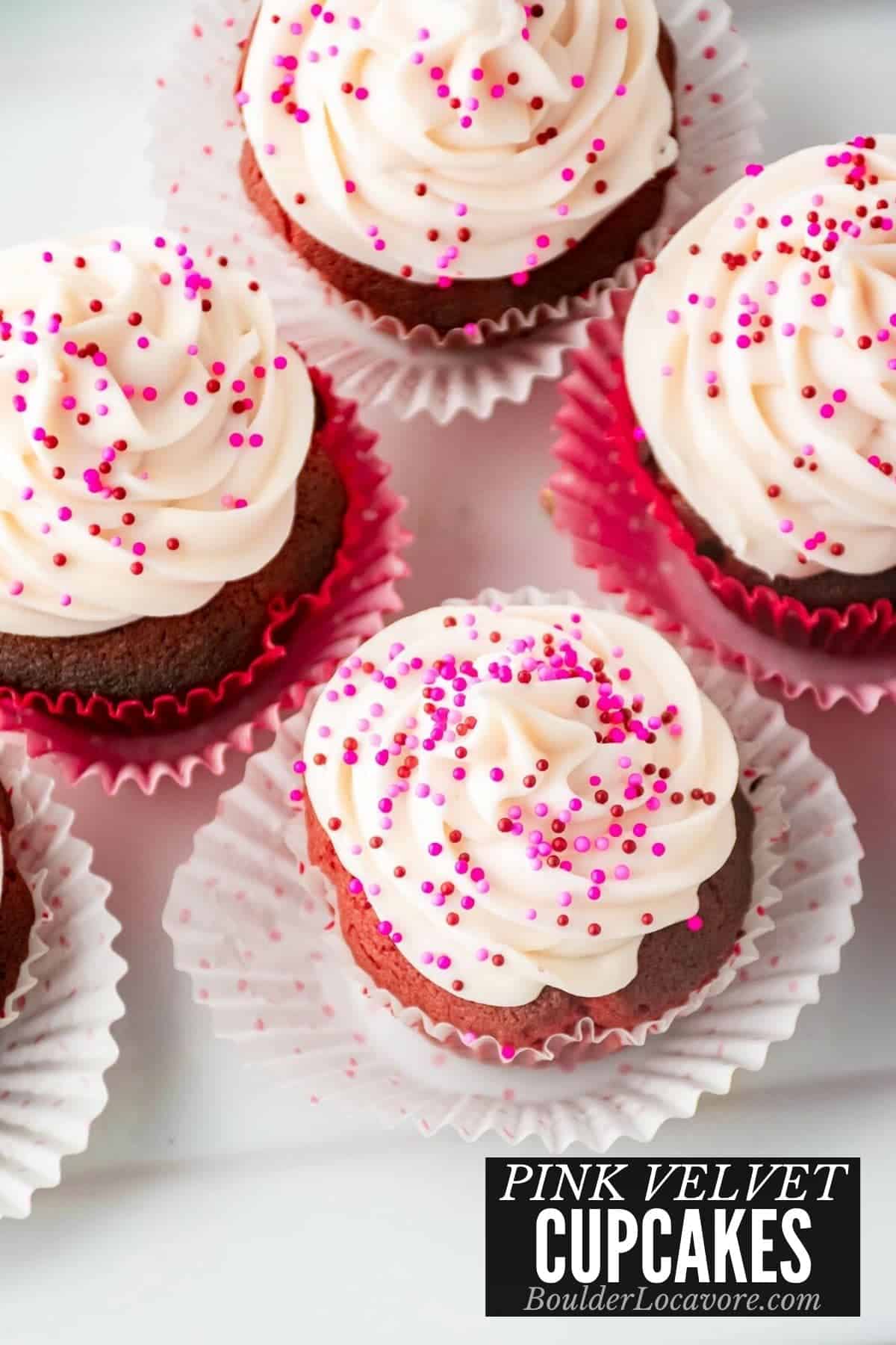 pink velvet cupcakes with text overlay