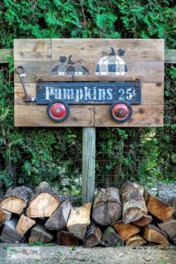 rustic fall Buffalo Check pumpkins in wagon sign 001