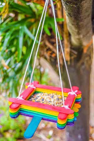 popsicle stick bird seed holder spring craft for kids