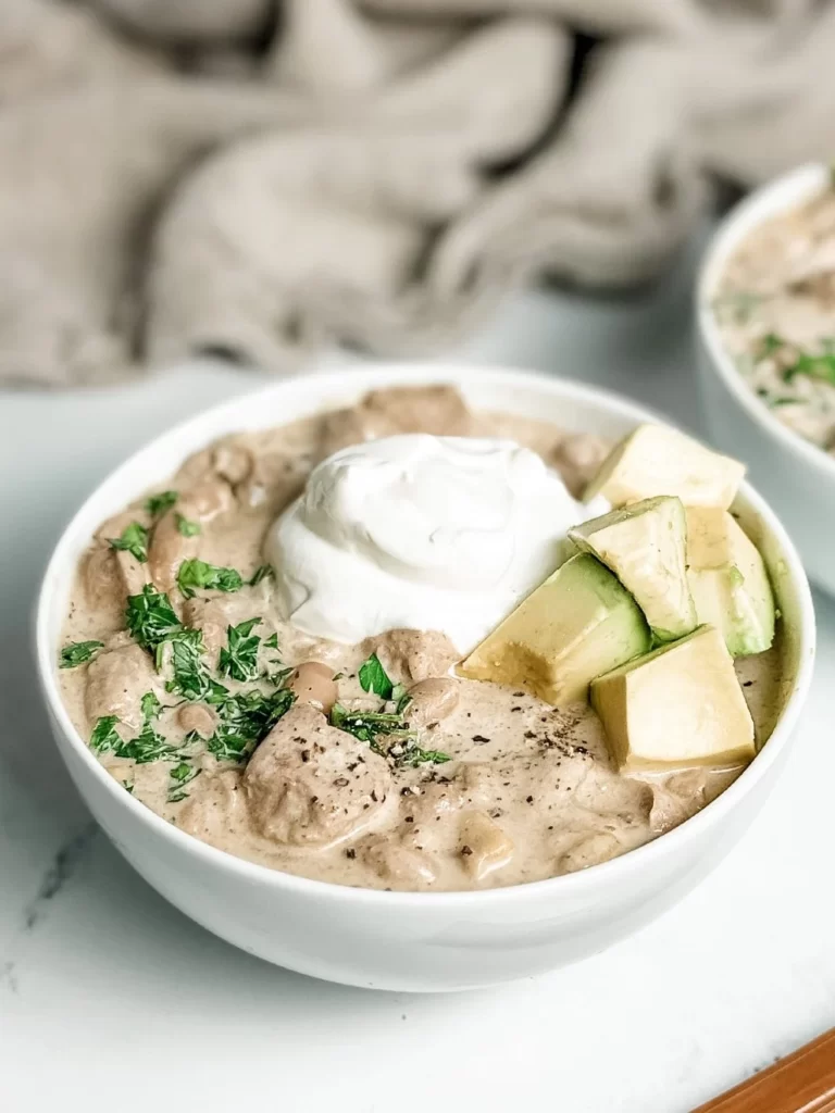 White Bean Chili Soup served in a white bowl